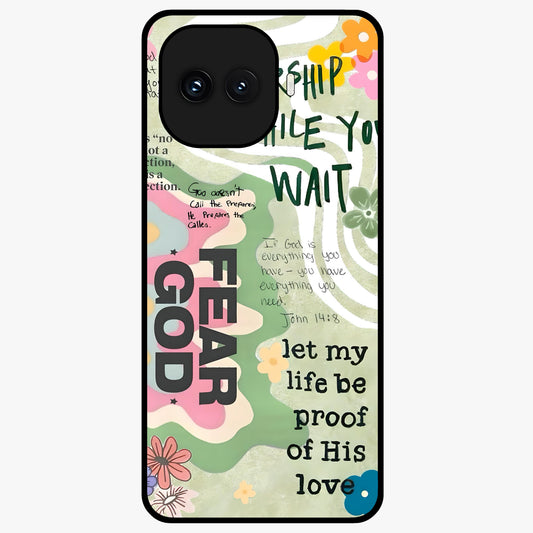 Faith Over Fear Glass Case showing flat back view with motivational typography artwork and glossy glass finish.