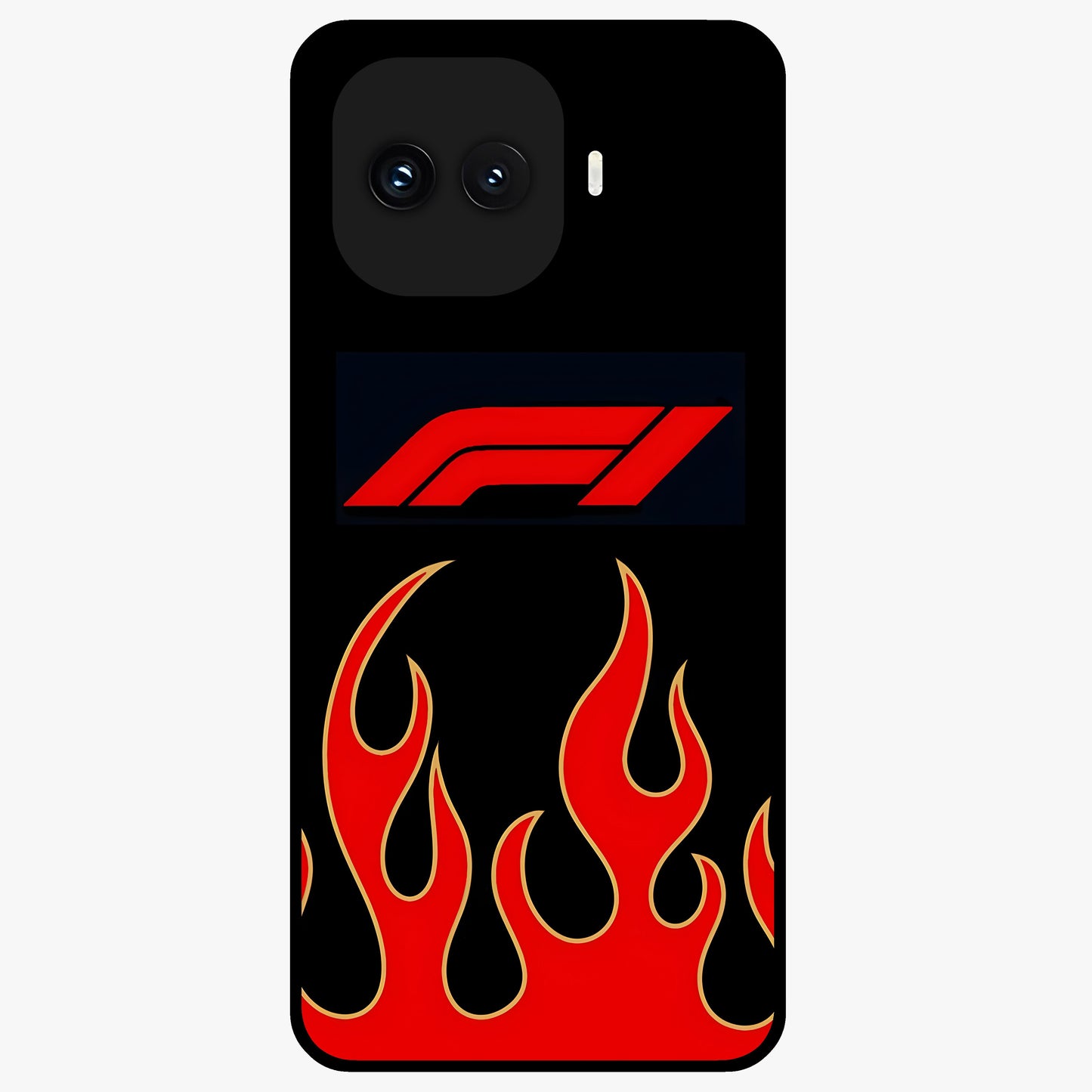 Fire F11 Glass Case showing flat back view with fiery themed artwork and glossy glass finish.