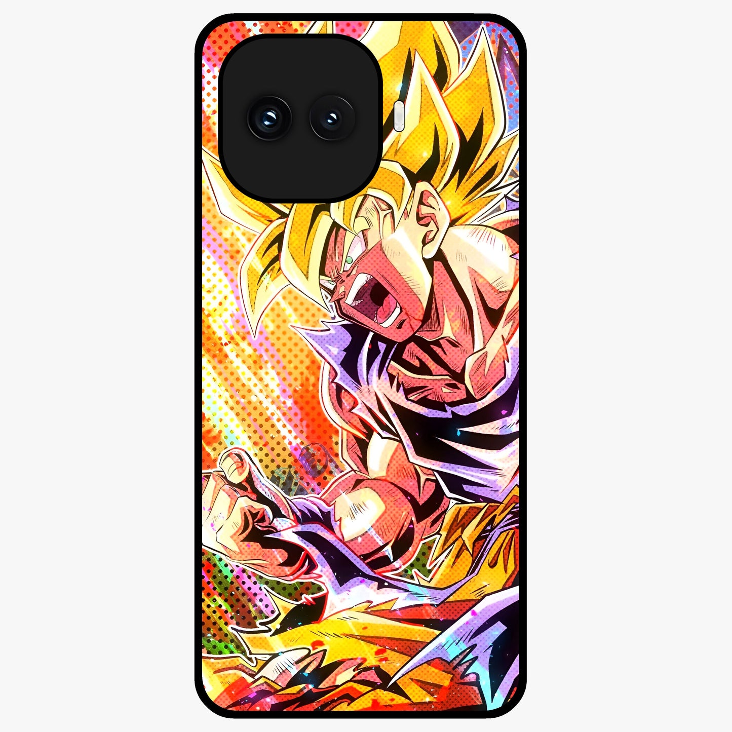Firing Goku Glass Case showing flat back view with powerful anime inspired artwork and glossy glass finish.