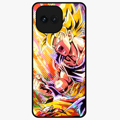Firing Goku Glass Case showing flat back view with powerful anime inspired artwork and glossy glass finish.