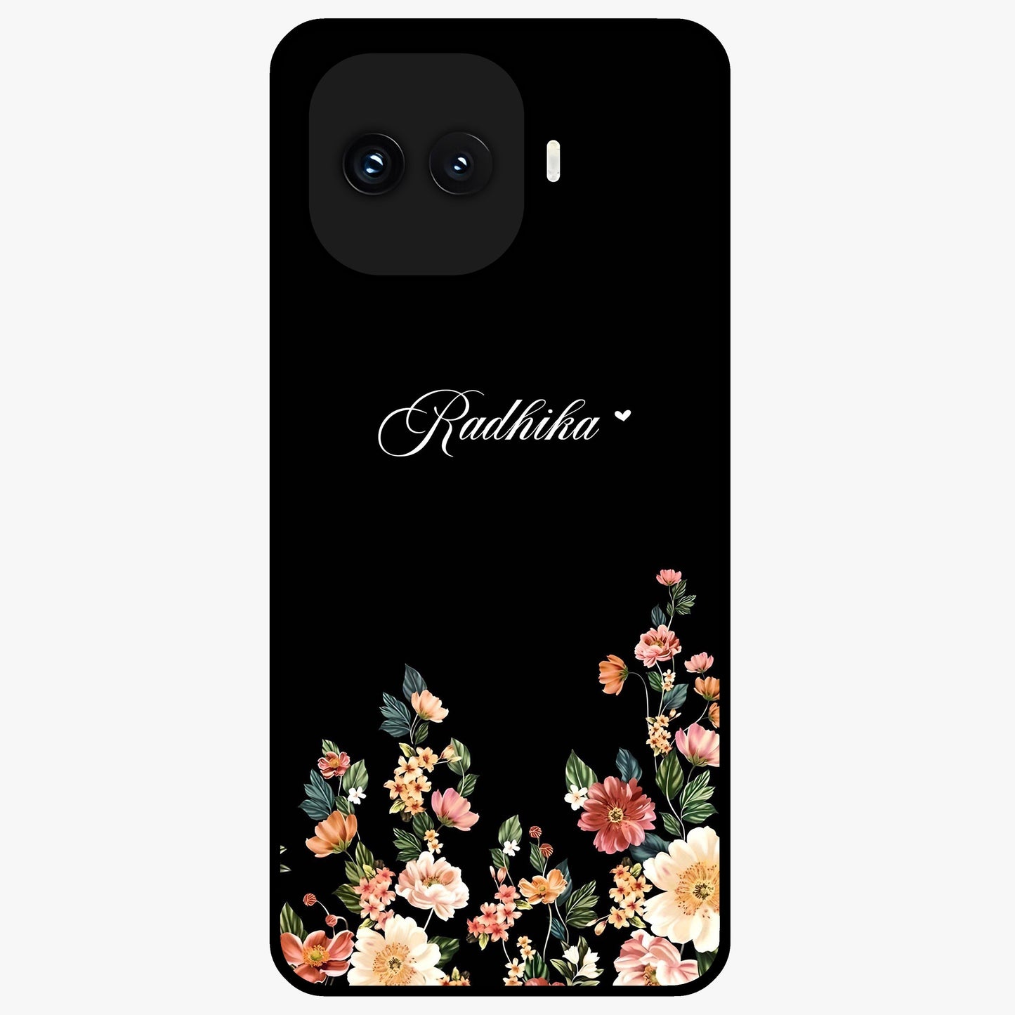 Floral Design With a Custom Personalized Name Glass Case showing flat back view with floral artwork and personalized name design.