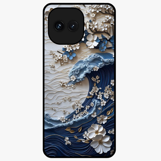 Floral Wave Origami Glass Case showing flat back view with origami inspired floral wave artwork and glossy glass finish.