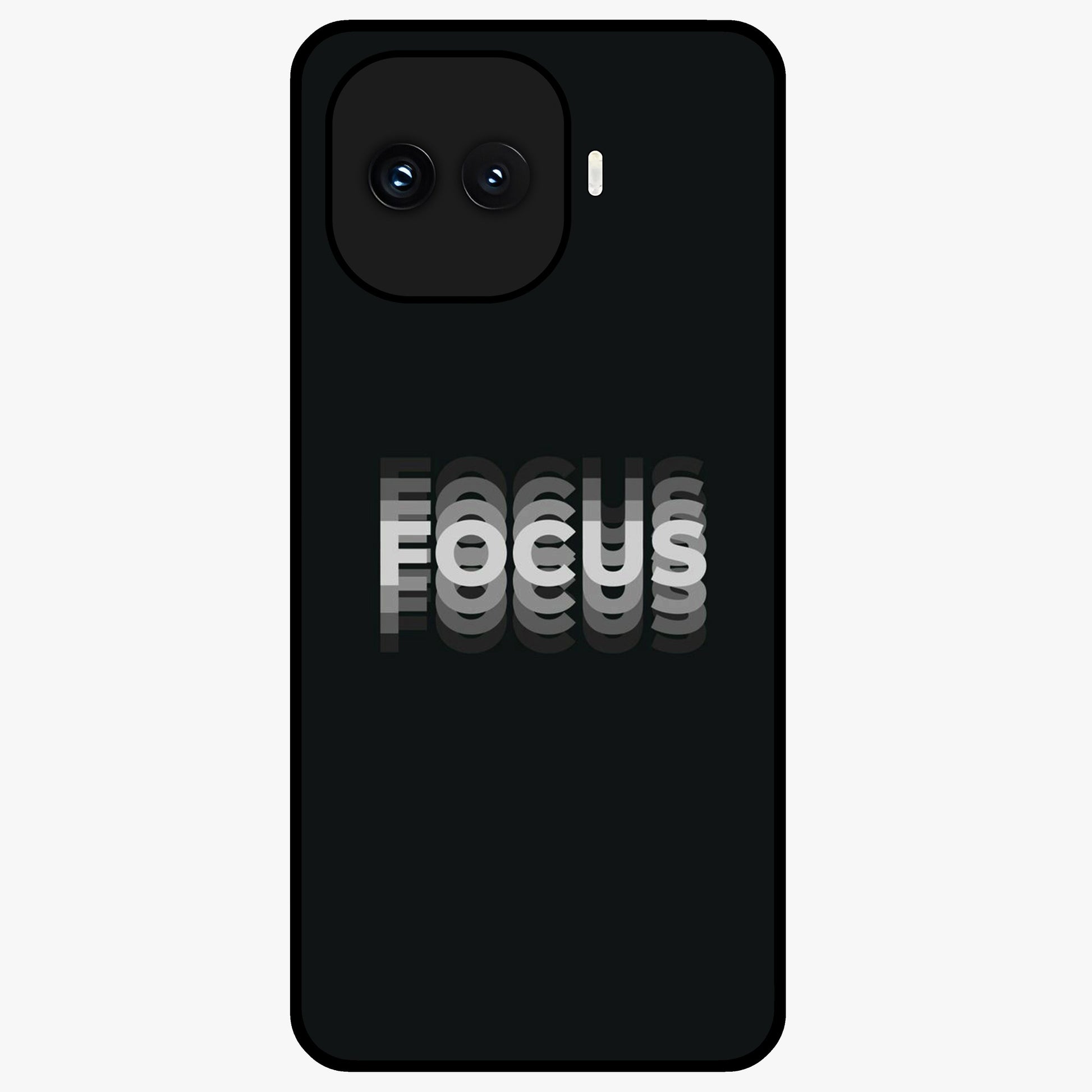 Focus Mode On Glass Case showing flat back view with bold motivational typography design and glossy glass finish.