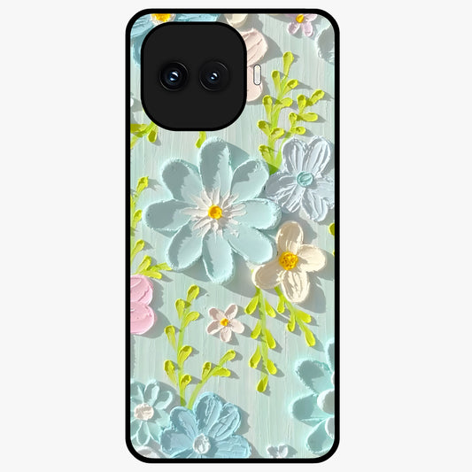 Frosted Petal Garden Glass Case showing flat back view with soft frosted floral artwork and glossy glass finish.
