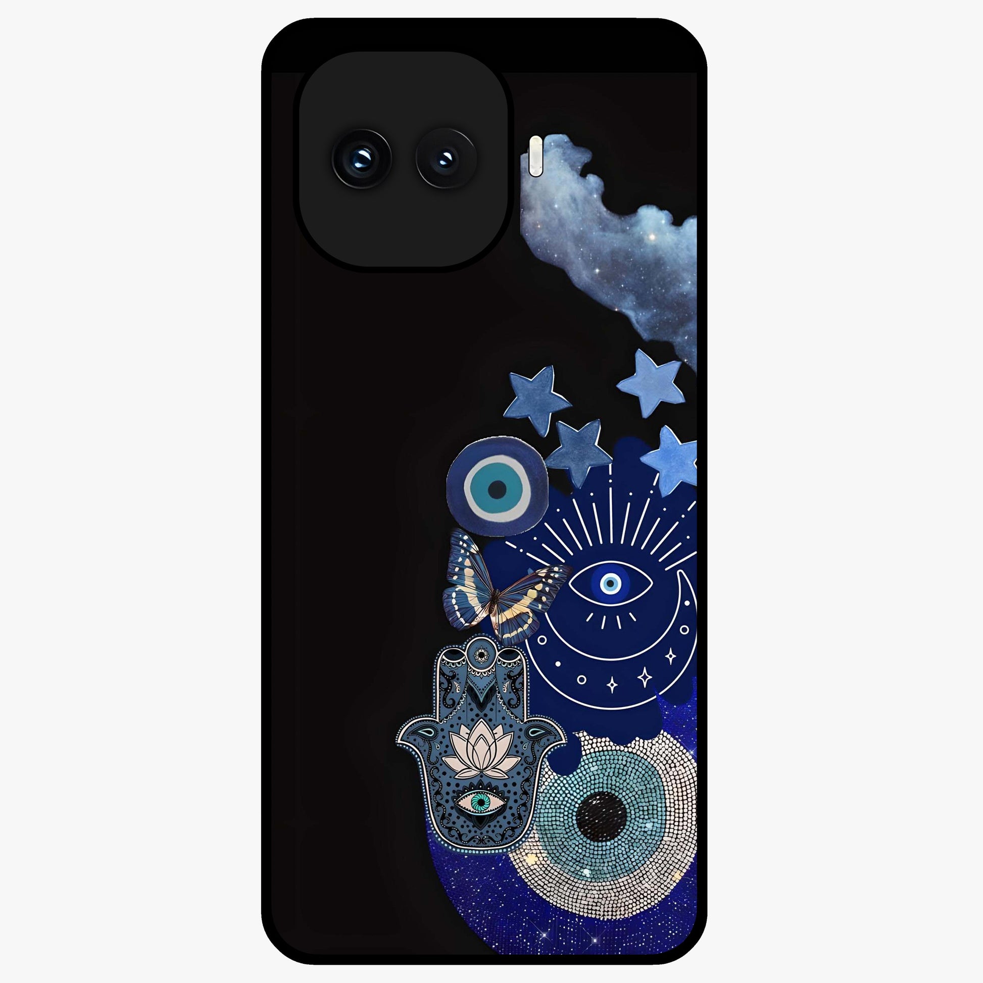 Galactic Charm Cluster Glass Case showing flat back view with glowing celestial charm artwork and glossy glass finish.