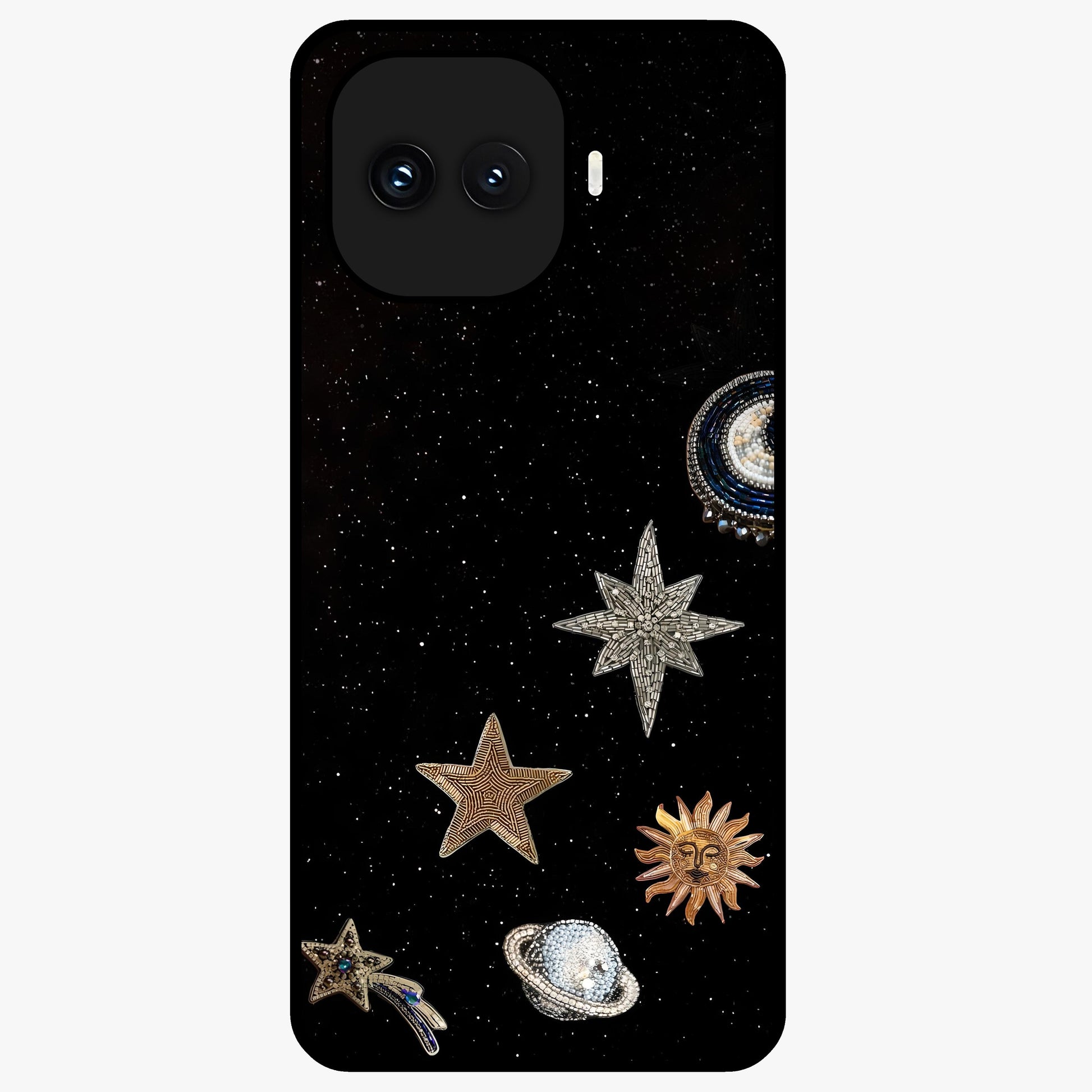 Galactic Charm Glow Glass Case showing flat back view with glowing celestial charm artwork and glossy glass finish.
