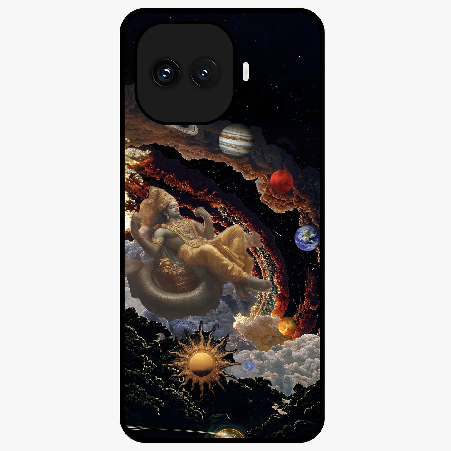 Galactic Divine God Glass Case showing flat back view with divine cosmic themed artwork and glossy glass finish.