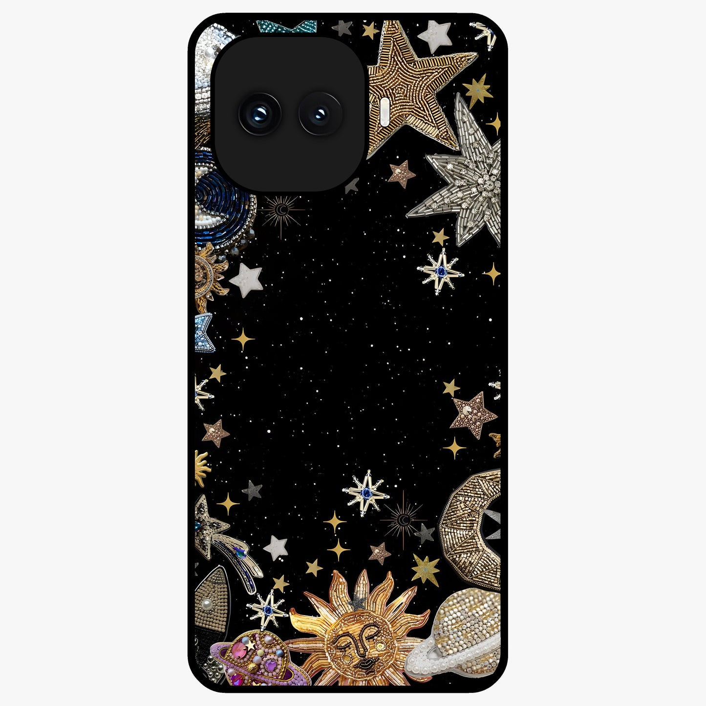 Galactic Jewel Stars Glass Case showing flat back view with sparkling star jewel artwork and glossy glass finish.