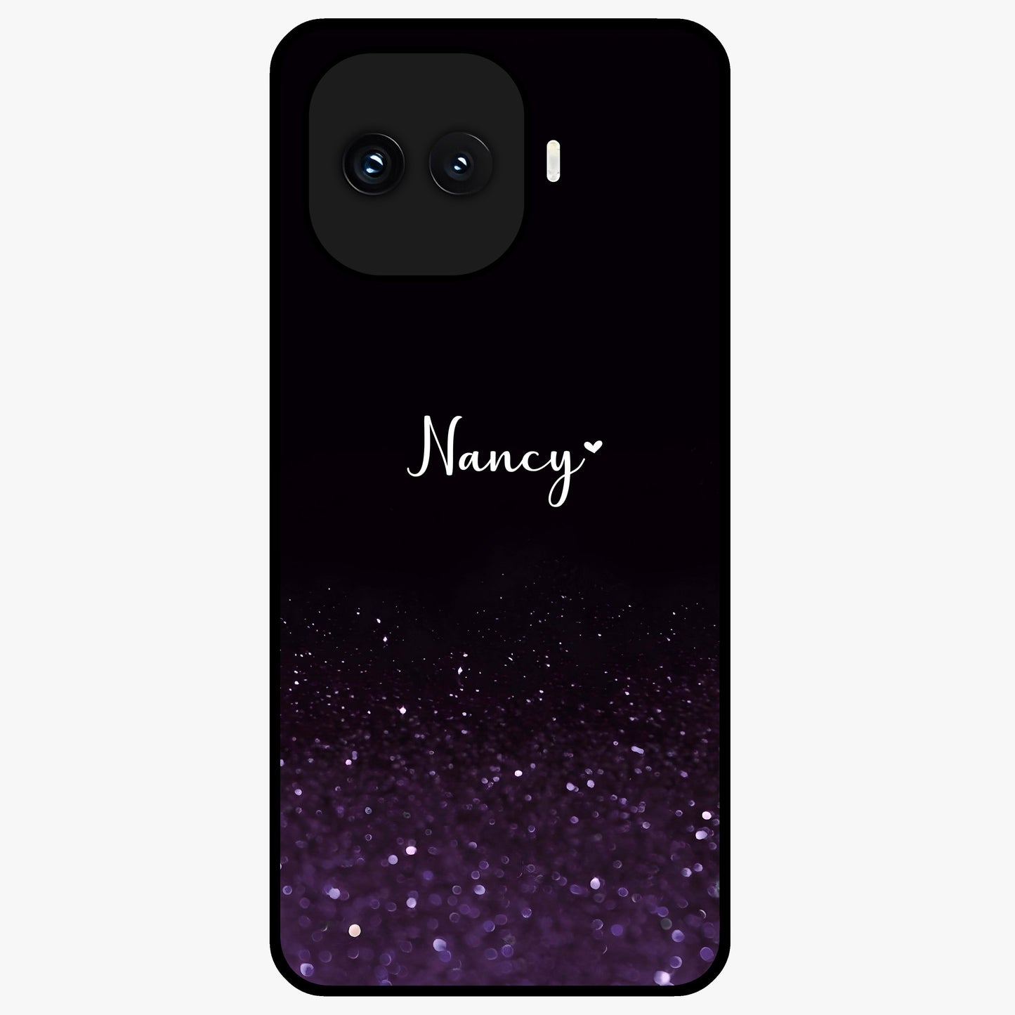 Glittery Purple Bokeh Custom Name Glass Case showing flat back view with purple bokeh sparkle artwork and personalized name design.