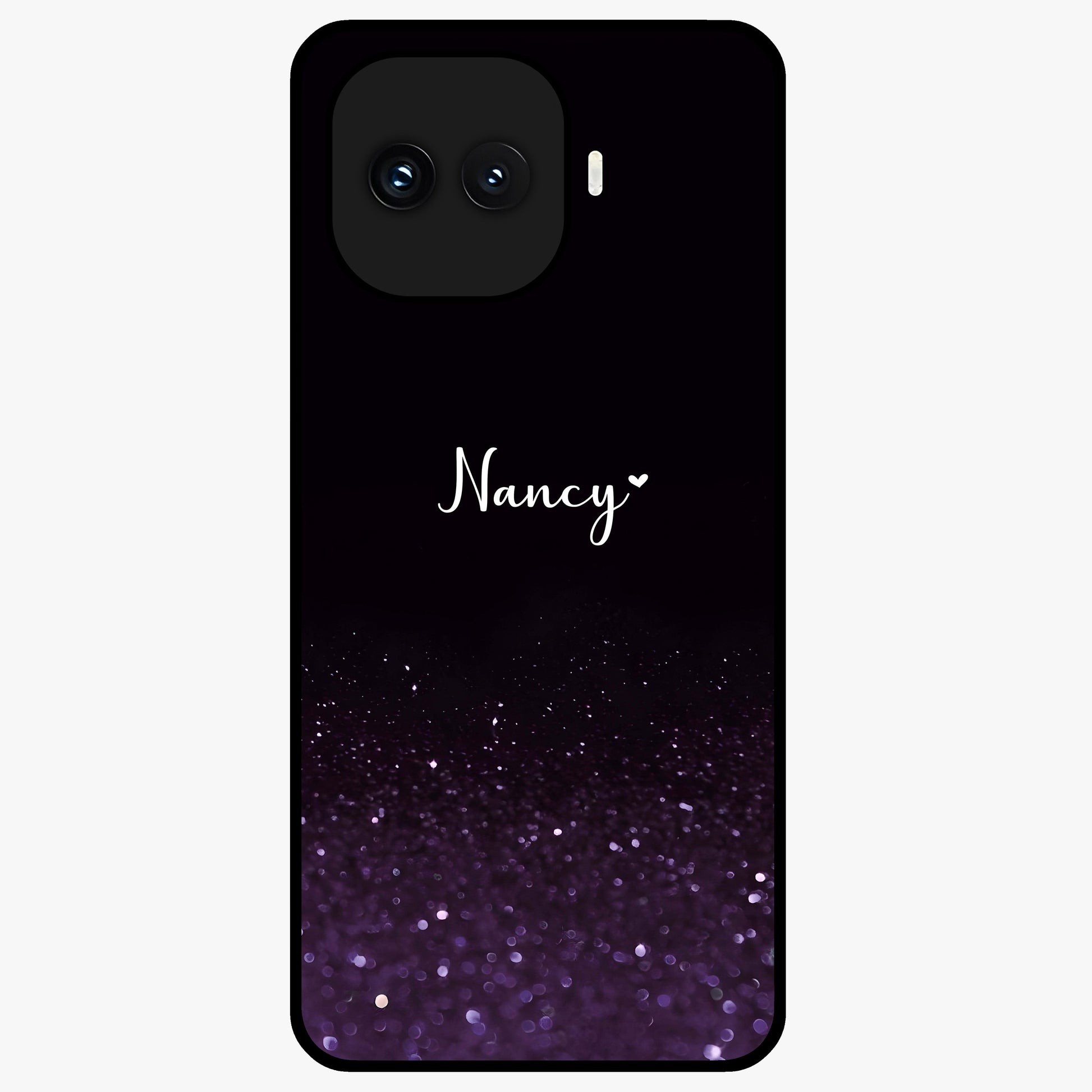 Glittery Purple Bokeh Custom Name Glass Case showing flat back view with purple bokeh sparkle artwork and personalized name design.