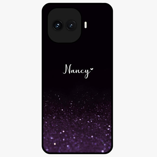 Glittery Purple Bokeh Custom Name Glass Case showing flat back view with purple bokeh sparkle artwork and personalized name design.