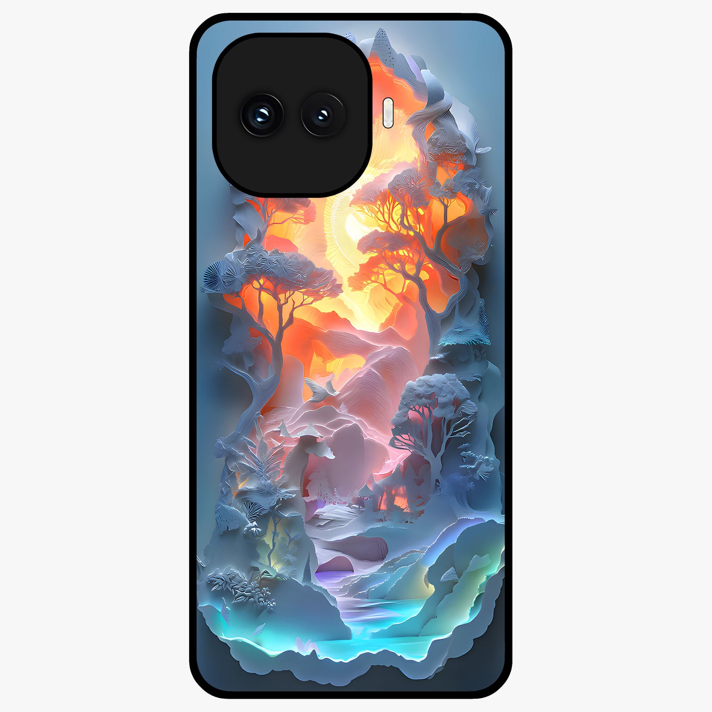 Glow Forest Portal Glass Case showing flat back view with glowing forest portal artwork and glossy glass finish.