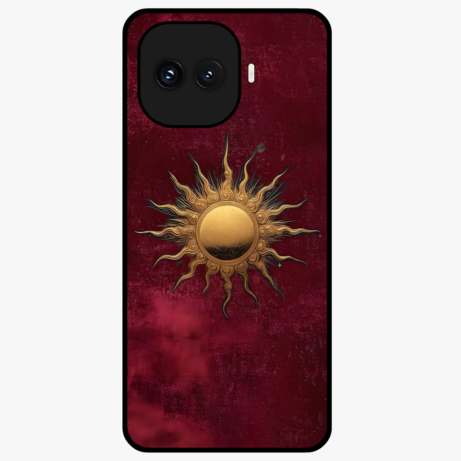 Gold Sun Blush Glass Case showing flat back view with golden sun inspired artwork and glossy glass finish.