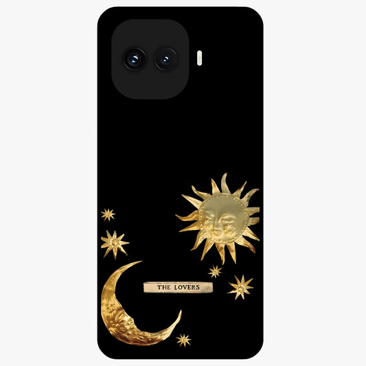 Golden Celestial Charm Glass Case showing flat back view with golden celestial charm artwork and glossy glass finish.