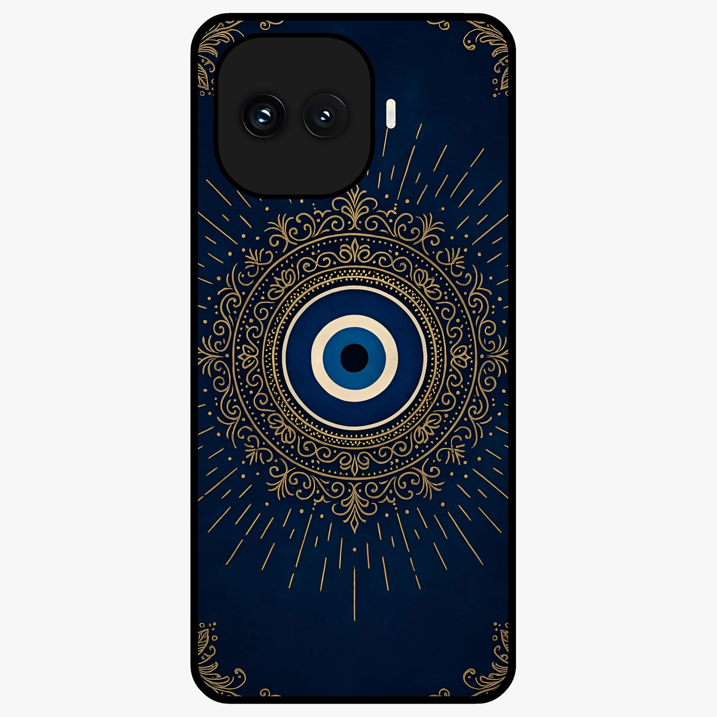 Golden Evil Eye Mandala Glass Case showing flat back view with intricate evil eye mandala artwork and glossy glass finish.
