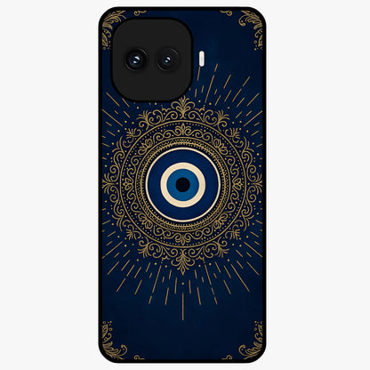 Golden Evil Eye Mandala Glass Case showing flat back view with intricate evil eye mandala artwork and glossy glass finish.
