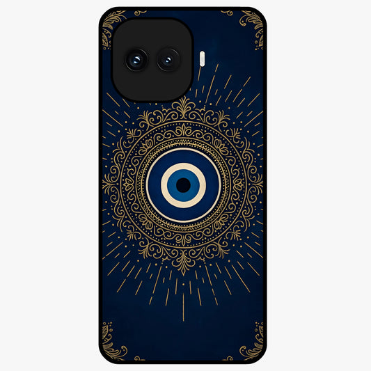 Golden Evil Eye Mandala Glass Case showing flat back view with intricate evil eye mandala artwork and glossy glass finish.
