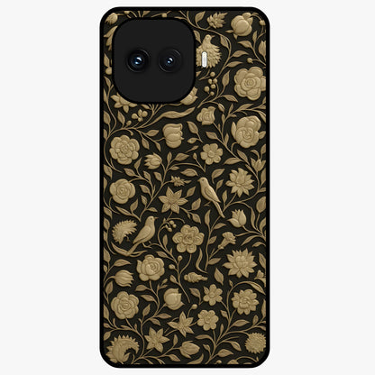 Golden Floral Majesty Glass Case showing flat back view with luxurious golden floral artwork and glossy glass finish.