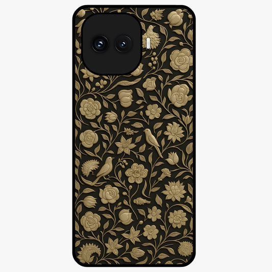 Golden Floral Majesty Glass Case showing flat back view with luxurious golden floral artwork and glossy glass finish.