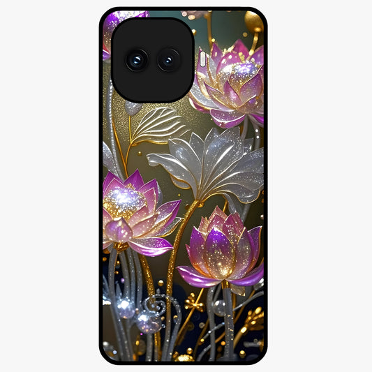 Golden Lotus Glow Glass Case showing flat back view with glowing lotus flower artwork and glossy glass finish.