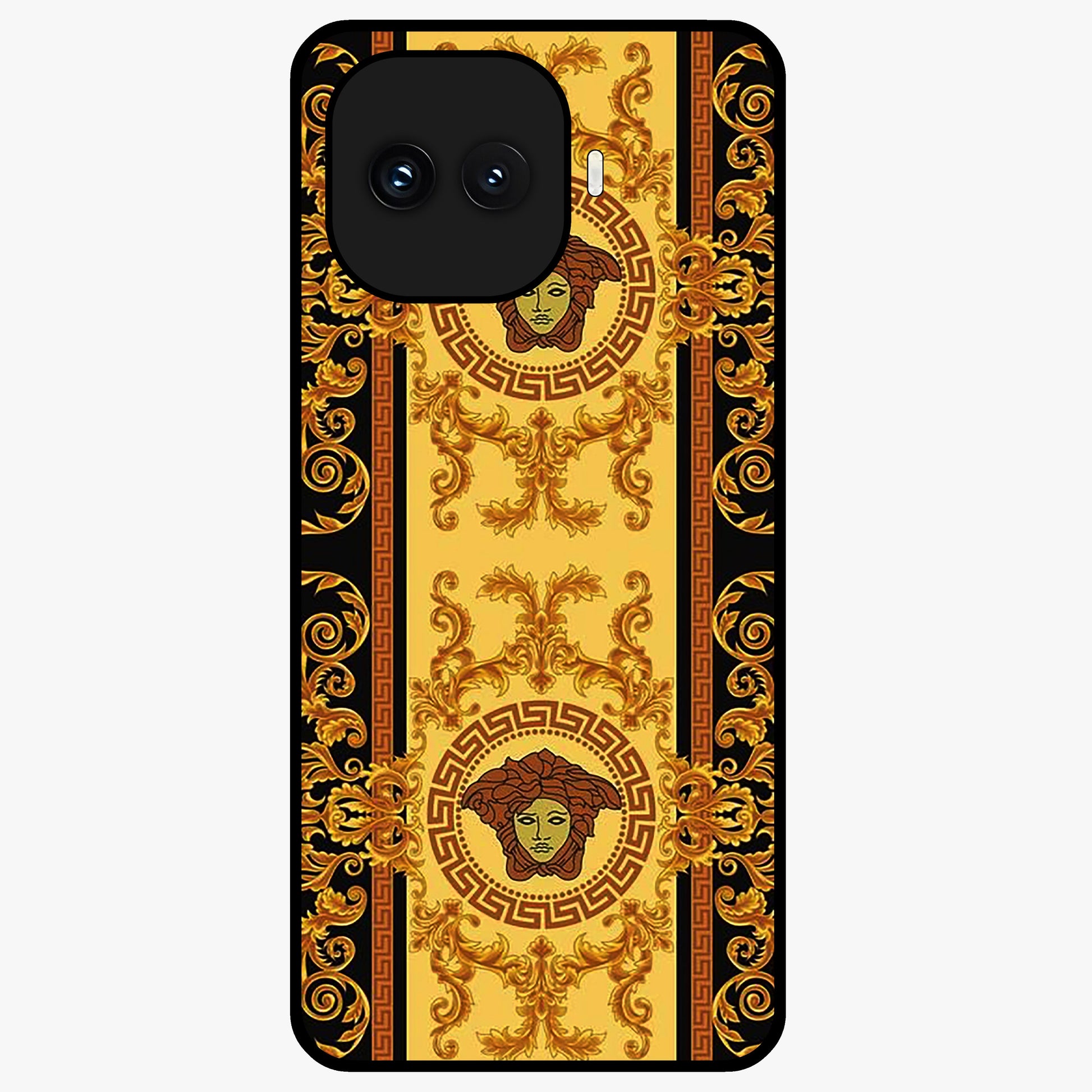 Golden Royal Heritage Glass Case showing flat back view with ornate royal pattern artwork and glossy glass finish.