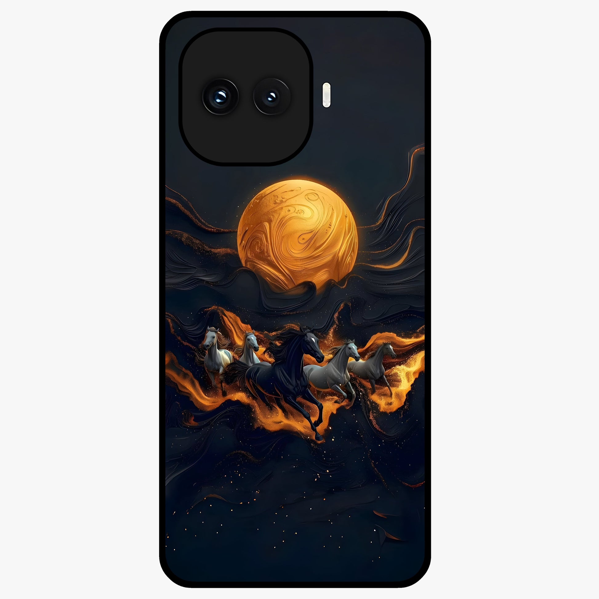 Golden Stallion Moonride Glass Case showing flat back view with majestic horse under moonlight artwork and glossy glass finish.