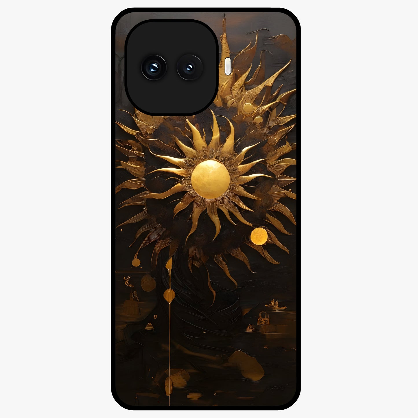 Golden Sun Majesty Glass Case showing flat back view with radiant golden sun artwork and glossy glass finish.