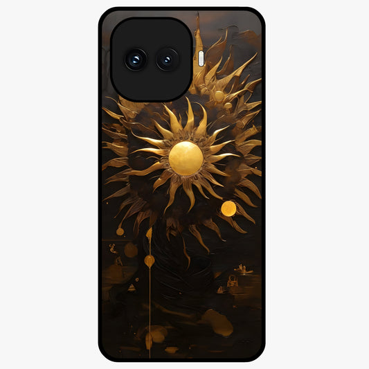 Golden Sun Majesty Glass Case showing flat back view with radiant golden sun artwork and glossy glass finish.