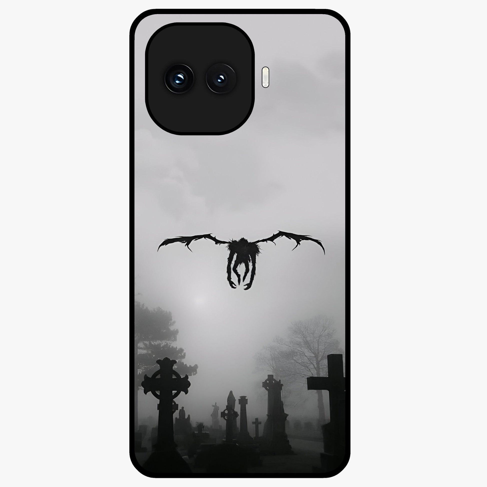 Graveyard Shadow Descent Glass Case showing flat back view with dark graveyard themed artwork and glossy glass finish.