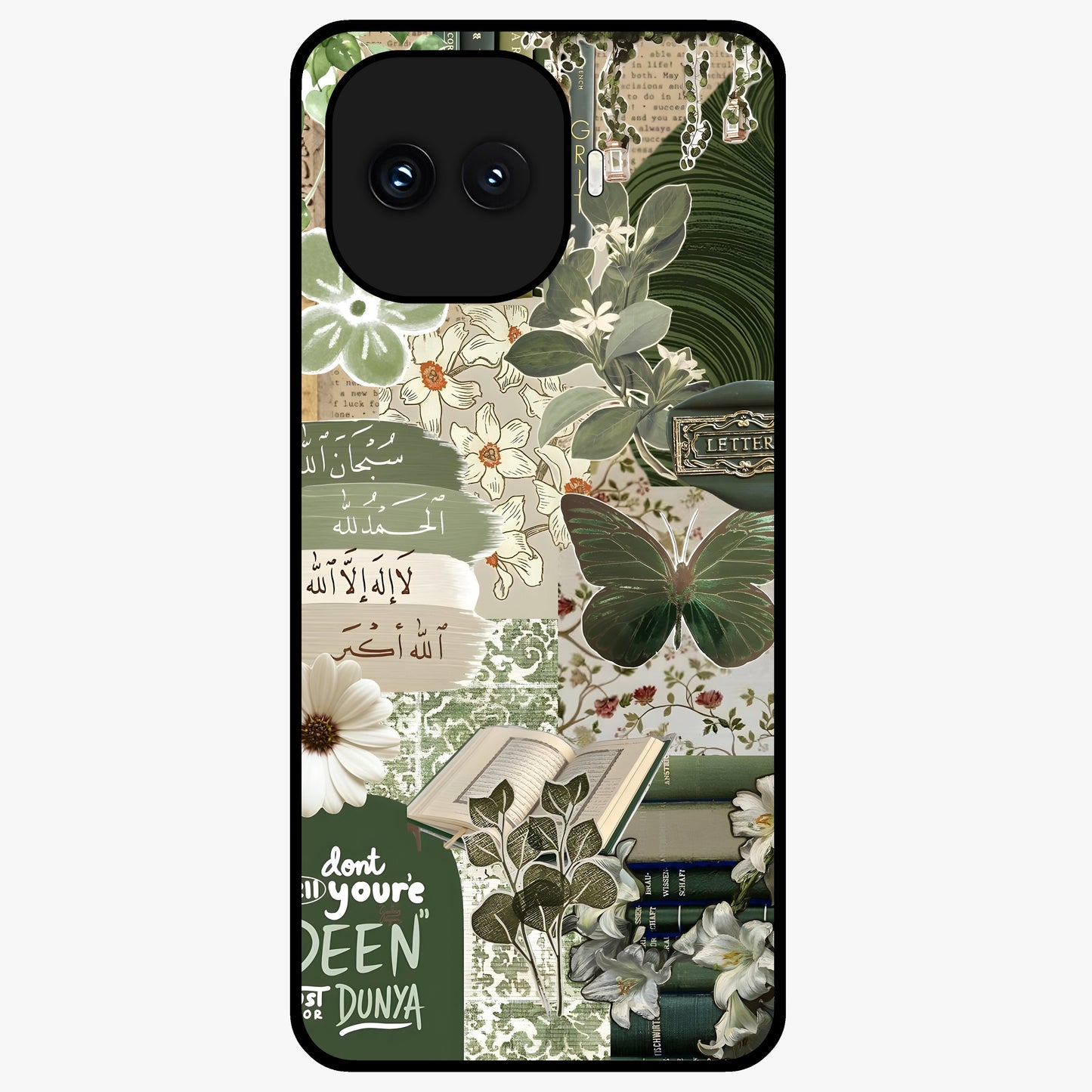 Green Islamic Books Quotes Glass Case showing flat back view with Islamic quotes and book themed artwork and glossy glass finish.