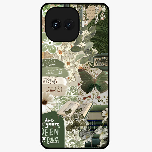 Green Islamic Books Quotes Glass Case showing flat back view with Islamic quotes and book themed artwork and glossy glass finish.