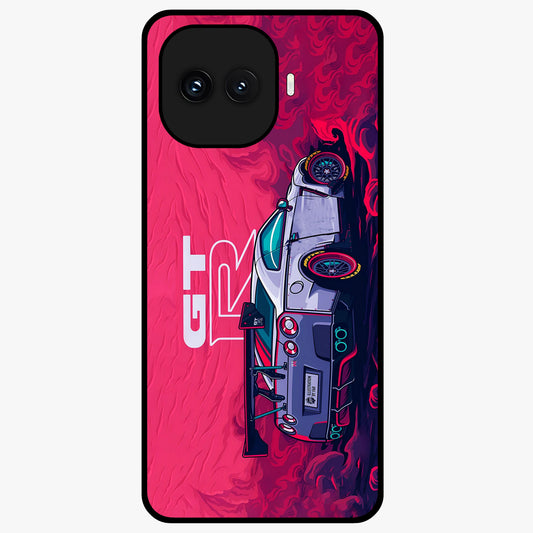 GT-R Car Pattern Glass Case showing flat back view with sporty car inspired pattern artwork and glossy glass finish.