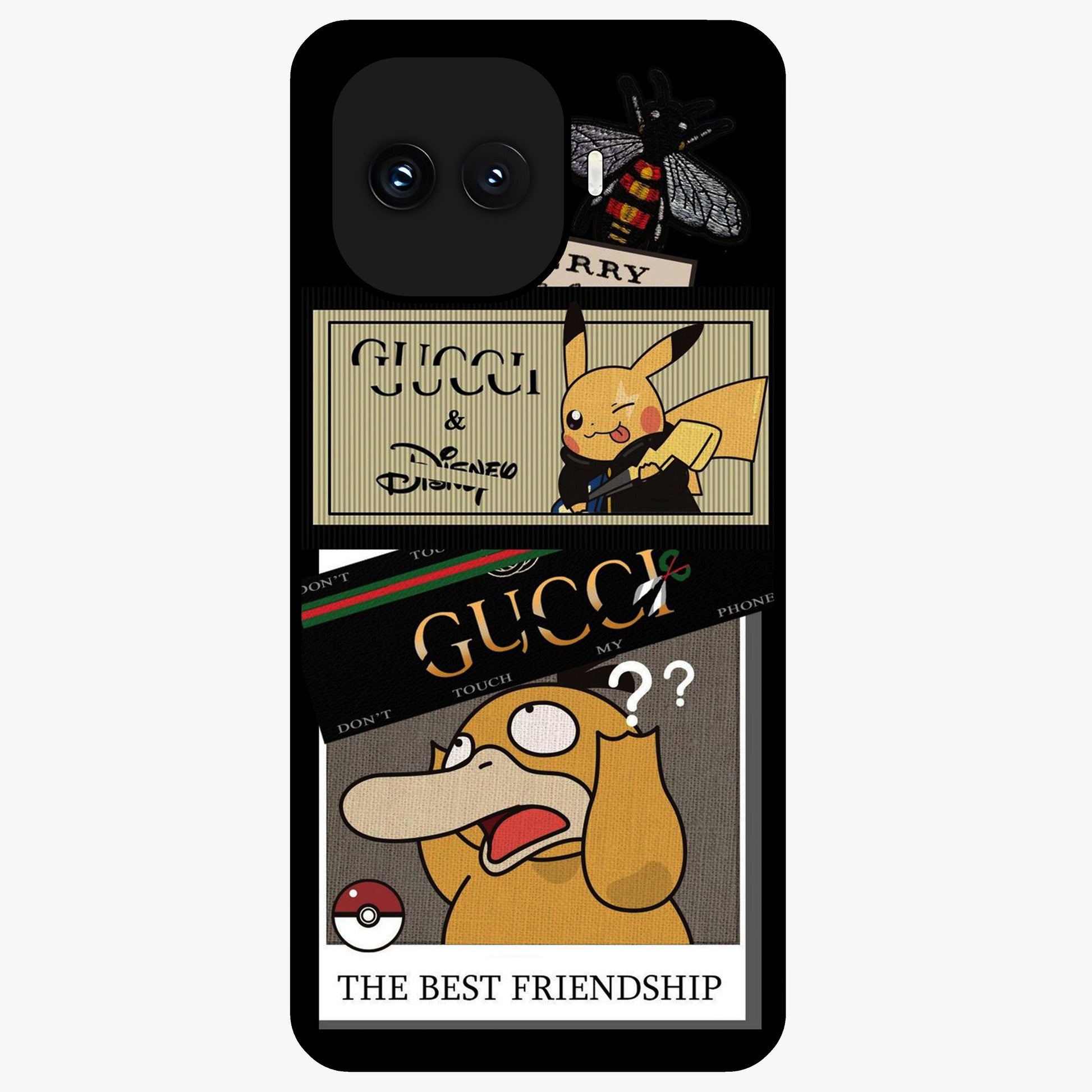 Gucci Play Mashup Glass Case showing flat back view with luxury inspired graphic artwork and glossy glass finish.
