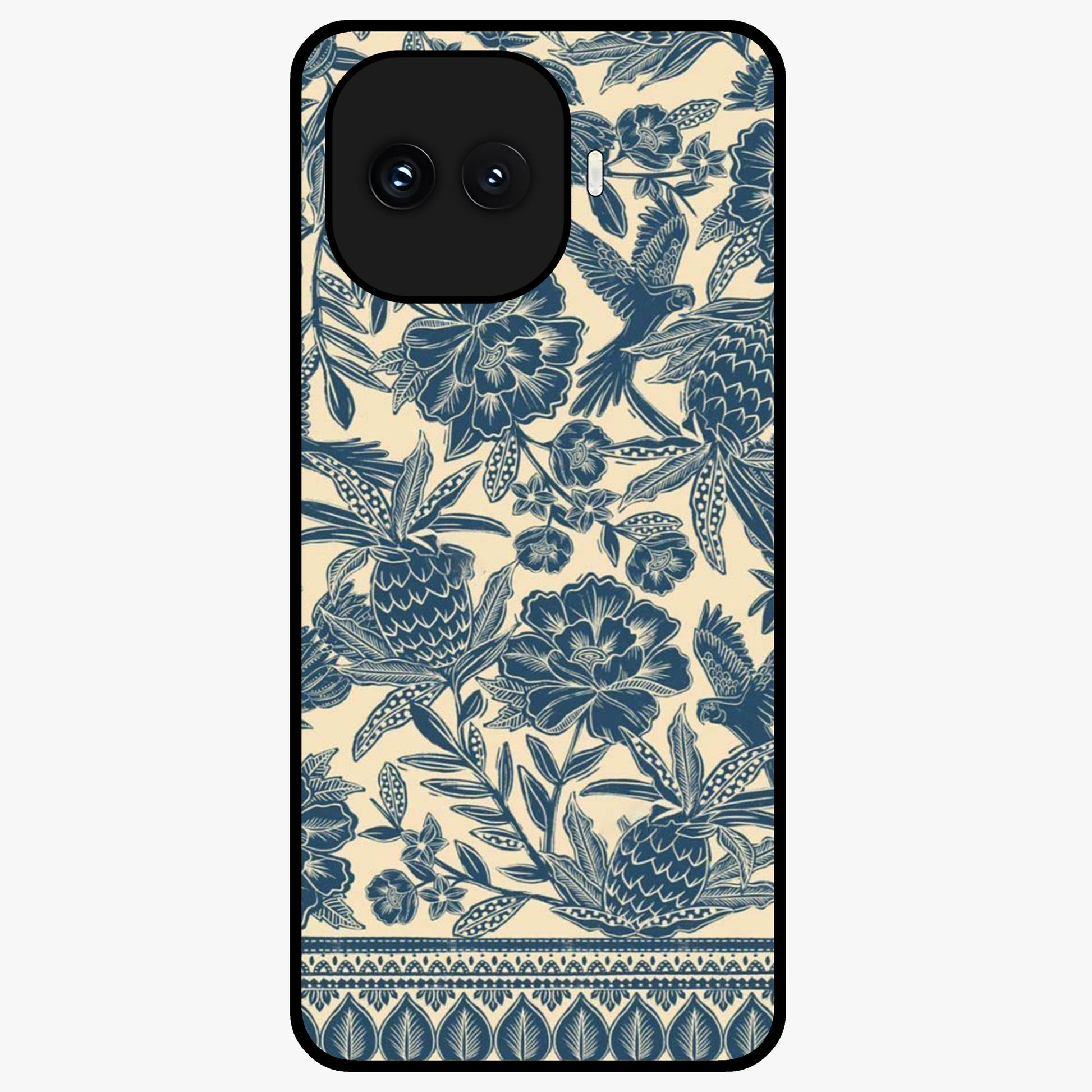 Heirloom Wild Bloom Glass Case showing flat back view with vintage inspired wild flower artwork and glossy glass finish.
