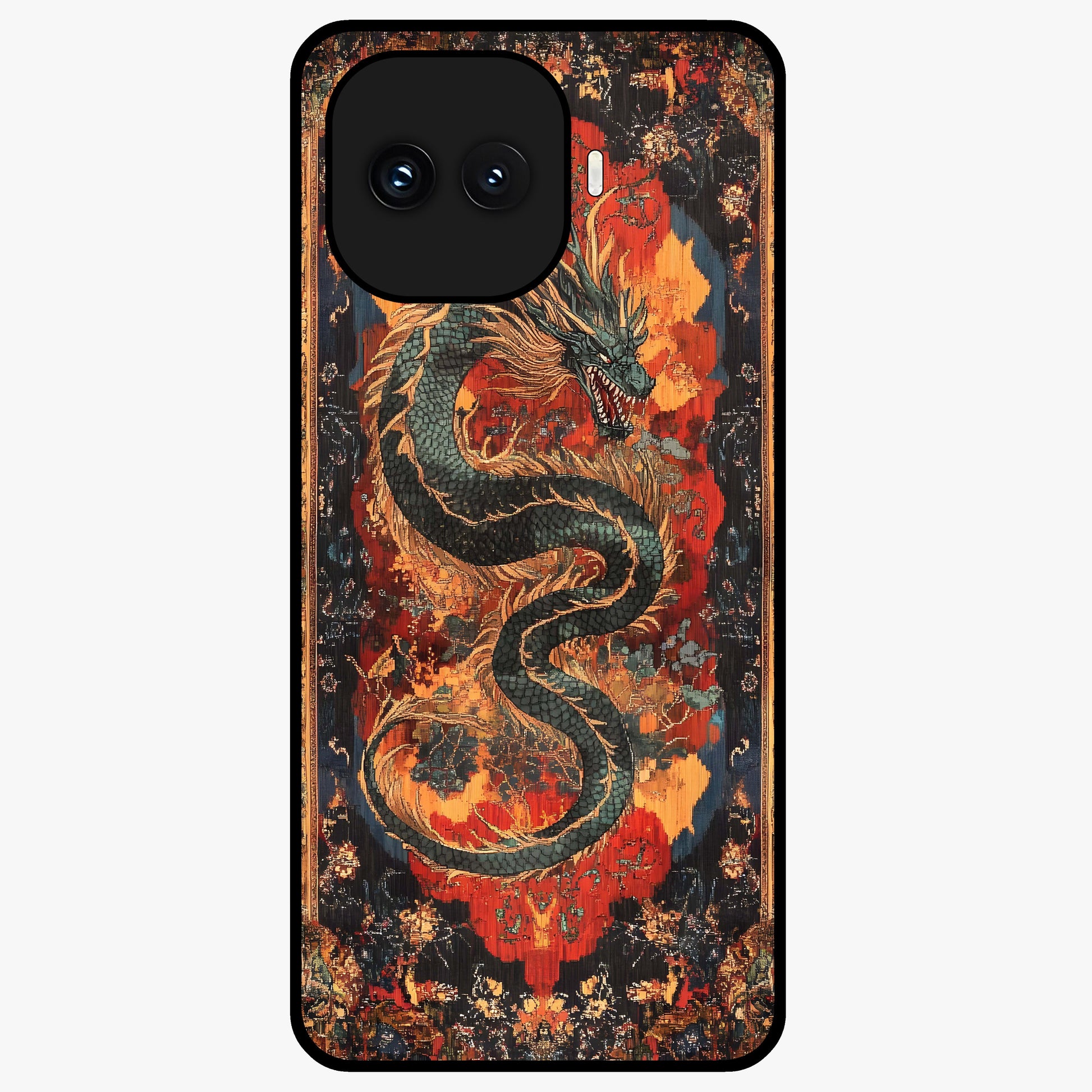 Inferno Dragon Soul Glass Case showing flat back view with fiery dragon artwork and glossy glass finish.
