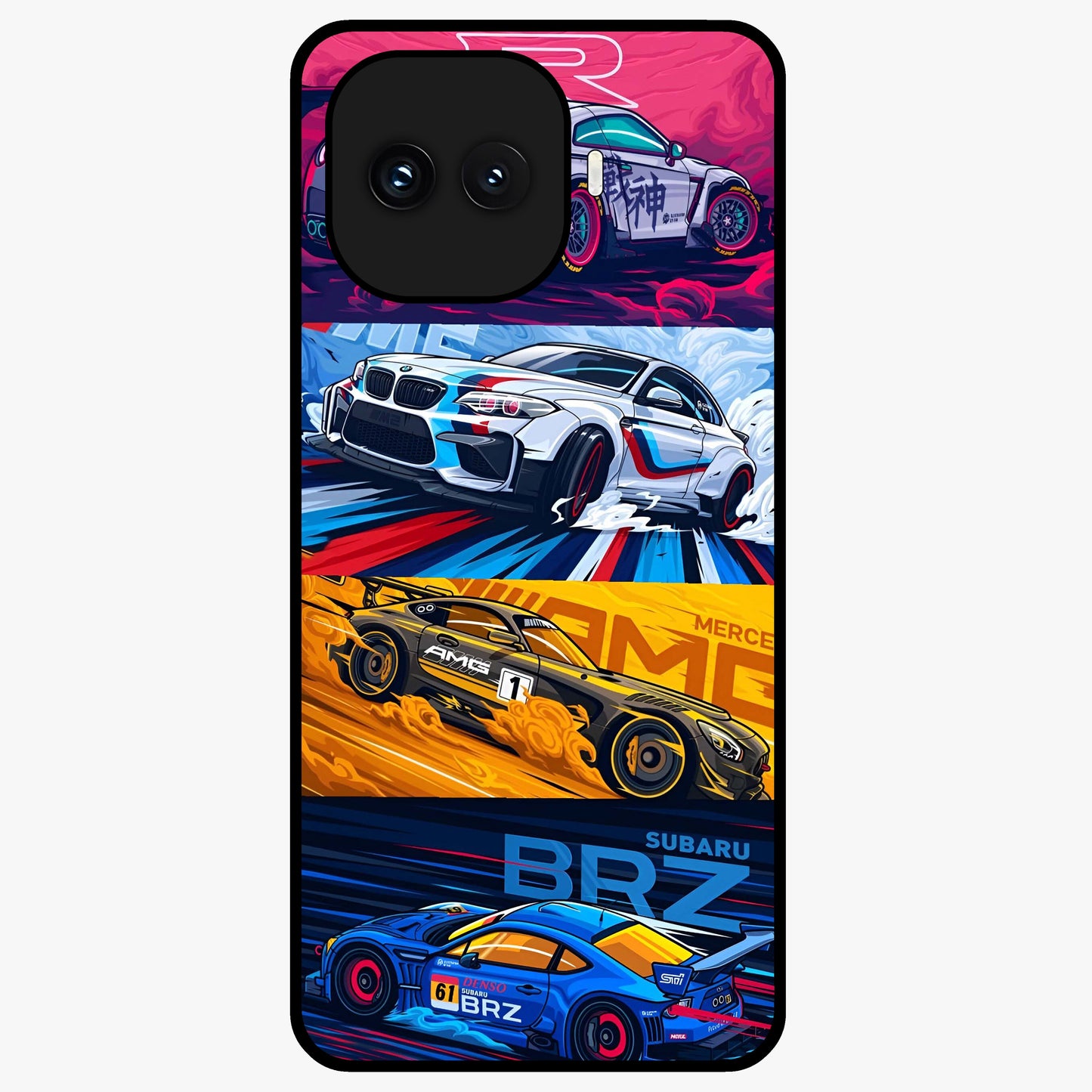 JDM Sports Car Glass Case showing flat back view with high performance sports car artwork and glossy glass finish.
