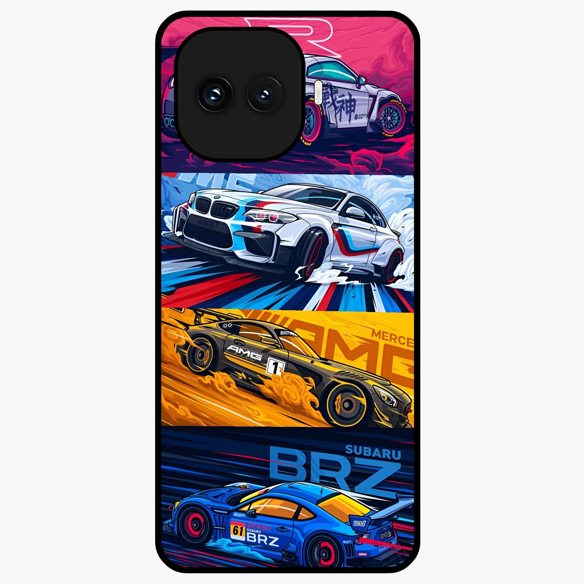 JDM Sports Car Glass Case showing flat back view with high performance sports car artwork and glossy glass finish.