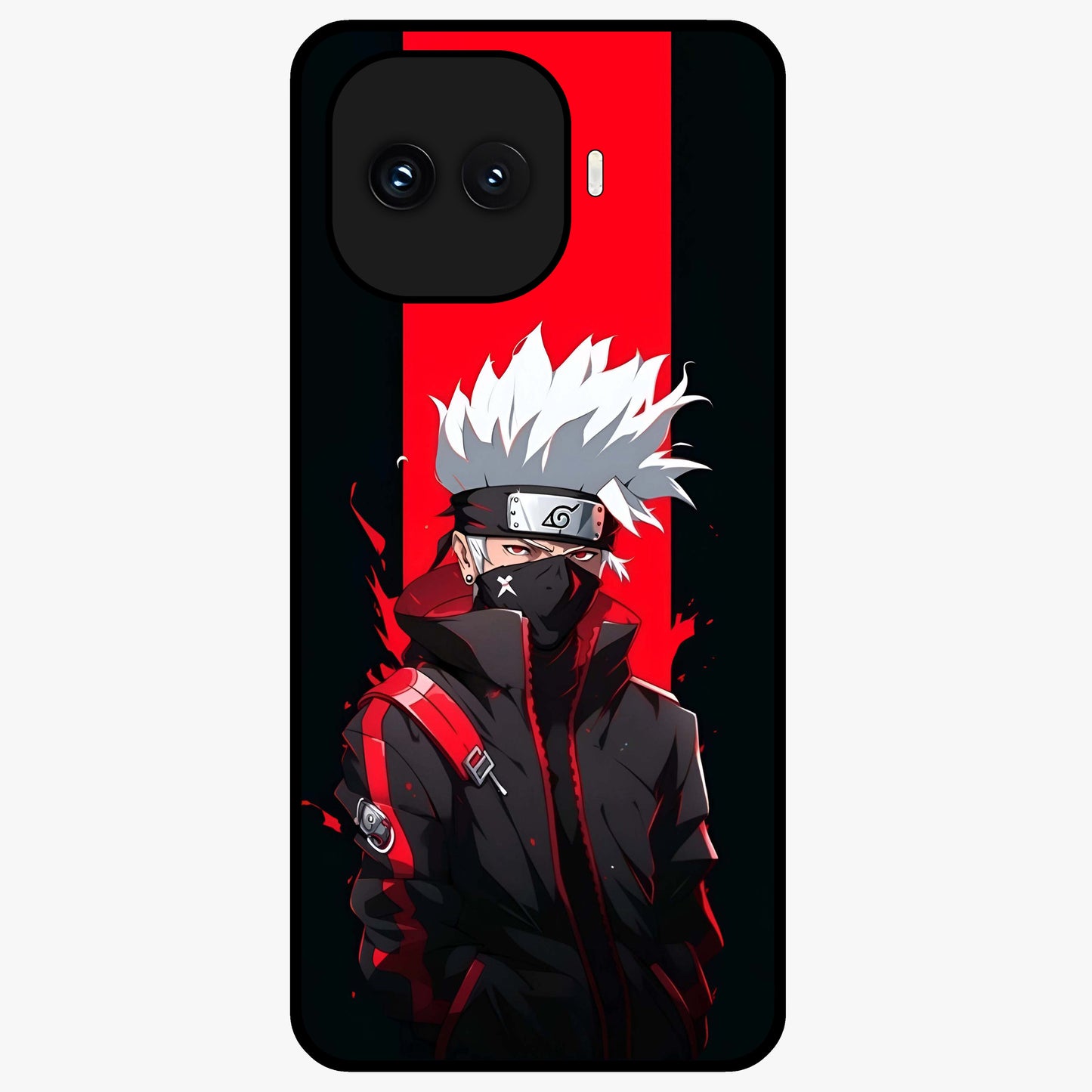 Kakashi Scarlet Shadow Glass Case showing flat back view with powerful anime ninja artwork and glossy glass finish.