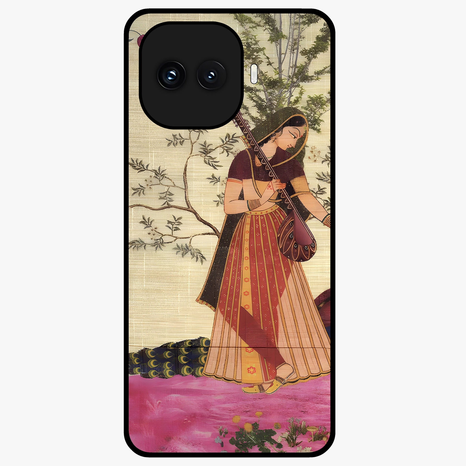 Lady With Veena Art Glass Case showing flat back view with elegant woman playing veena artwork and glossy glass finish.