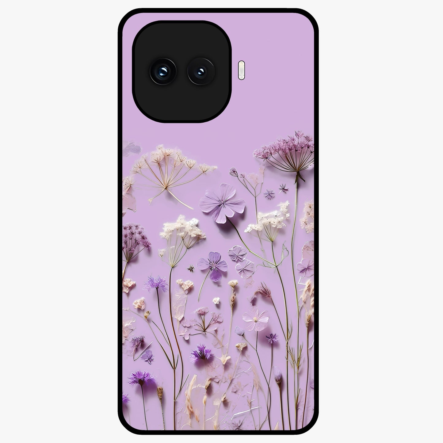 Lavender Blossom Dream Glass Case showing flat back view with soft lavender floral artwork and glossy glass finish.