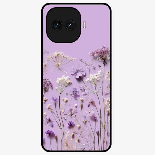 Lavender Blossom Dream Glass Case showing flat back view with soft lavender floral artwork and glossy glass finish.