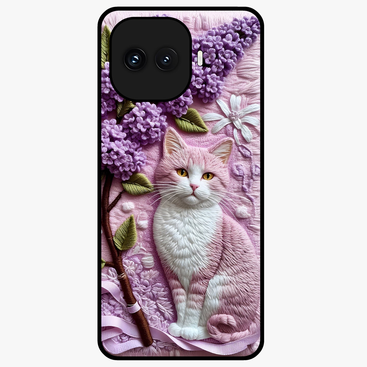 Lavender Cat Whimsy Glass Case showing flat back view with cute lavender cat artwork and glossy glass finish.