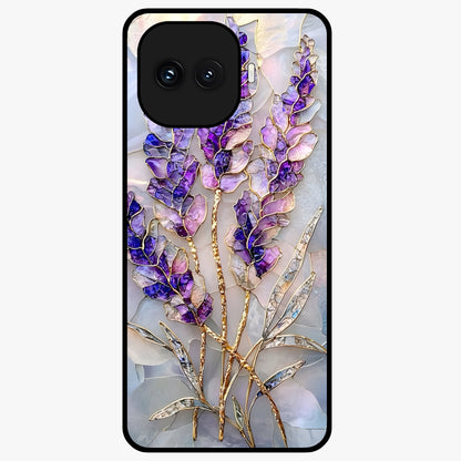 Lavender Dream Glow Glass Case showing flat back view with glowing lavender aesthetic artwork and glossy glass finish.