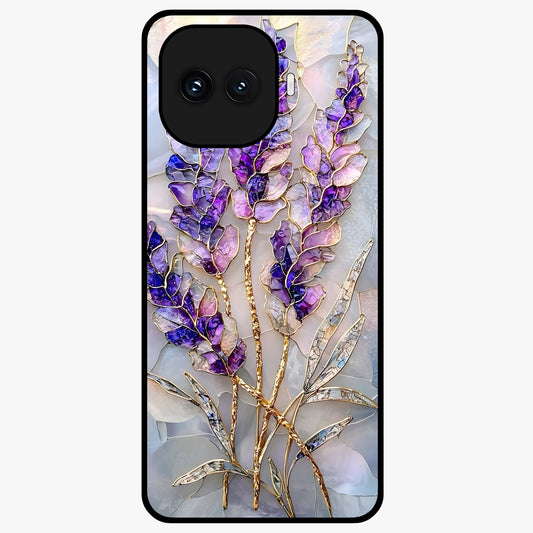 Lavender Dream Glow Glass Case showing flat back view with glowing lavender aesthetic artwork and glossy glass finish.