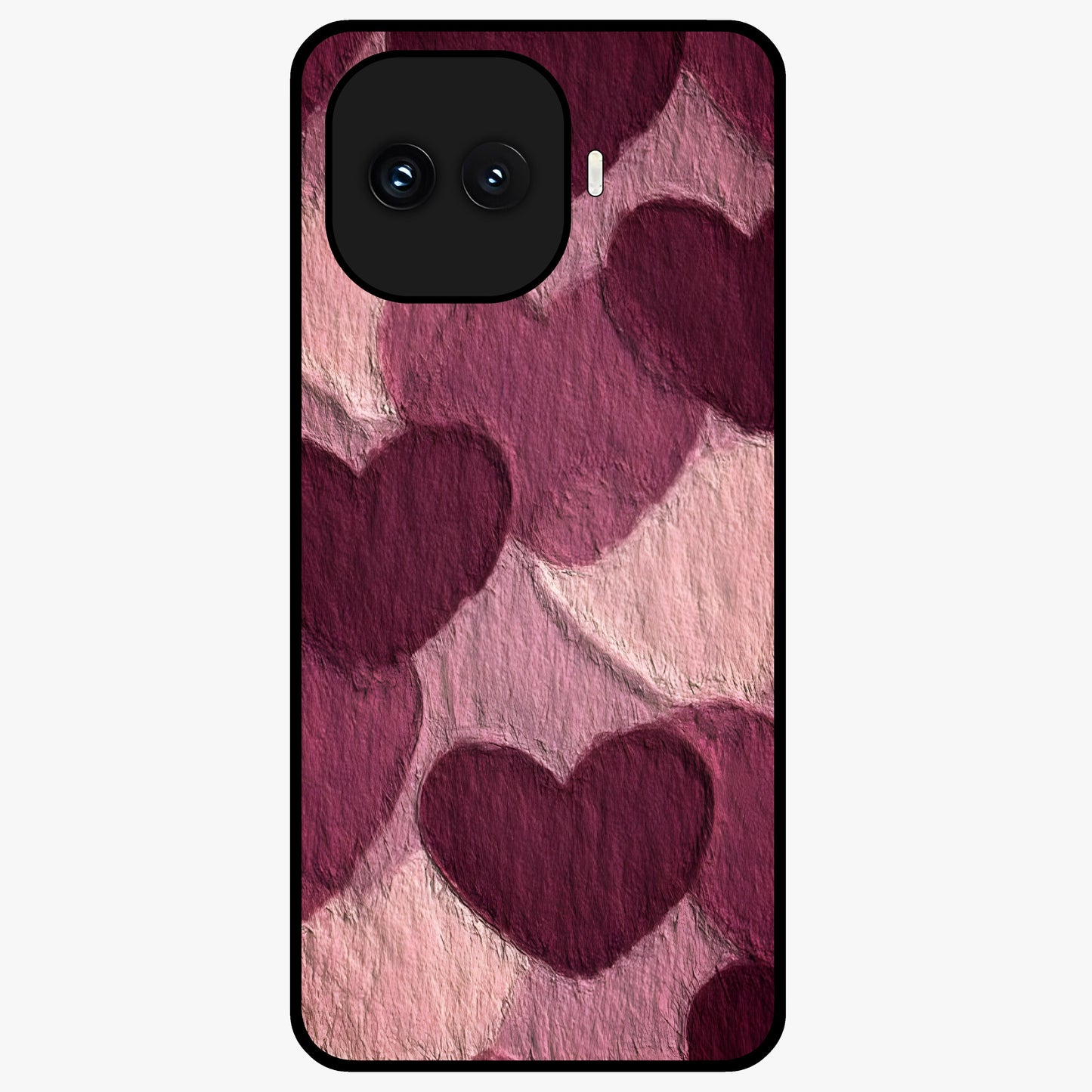 Layered Paper Hearts Glass Case showing flat back view with layered paper heart artwork and glossy glass finish.