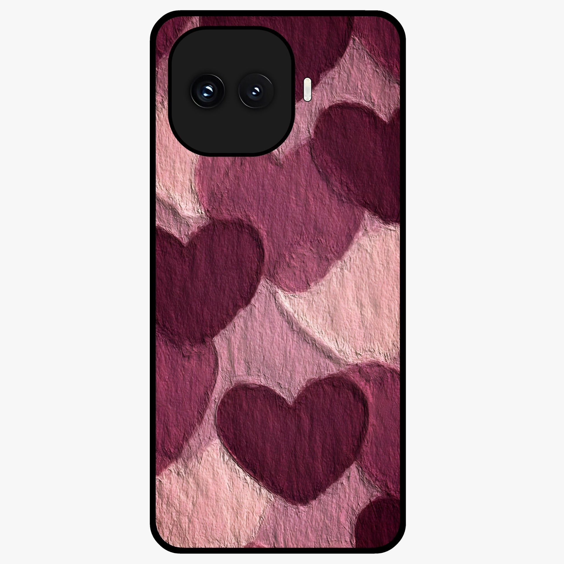 Layered Paper Hearts Glass Case showing flat back view with layered paper heart artwork and glossy glass finish.