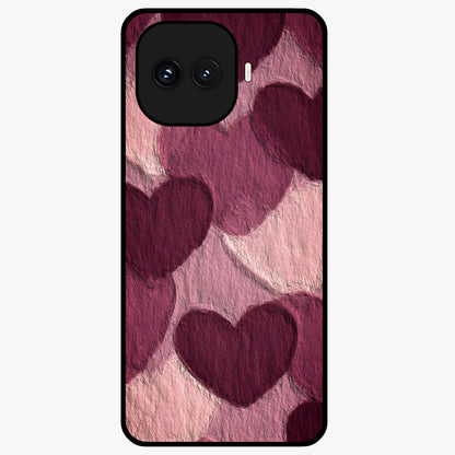 Layered Paper Hearts Glass Case showing flat back view with layered paper heart artwork and glossy glass finish.