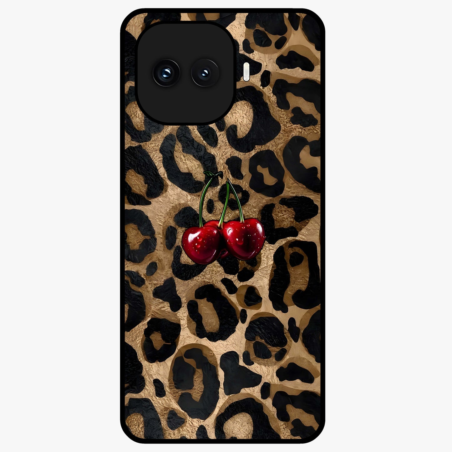 Leopard Wild Cherry Glass Case showing flat back view with leopard pattern and cherry artwork and glossy glass finish.