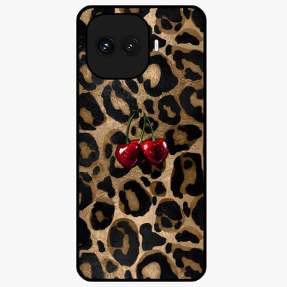 Leopard Wild Cherry Glass Case showing flat back view with leopard pattern and cherry artwork and glossy glass finish.