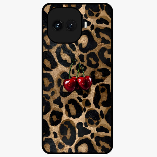 Leopard Wild Cherry Glass Case showing flat back view with leopard pattern and cherry artwork and glossy glass finish.